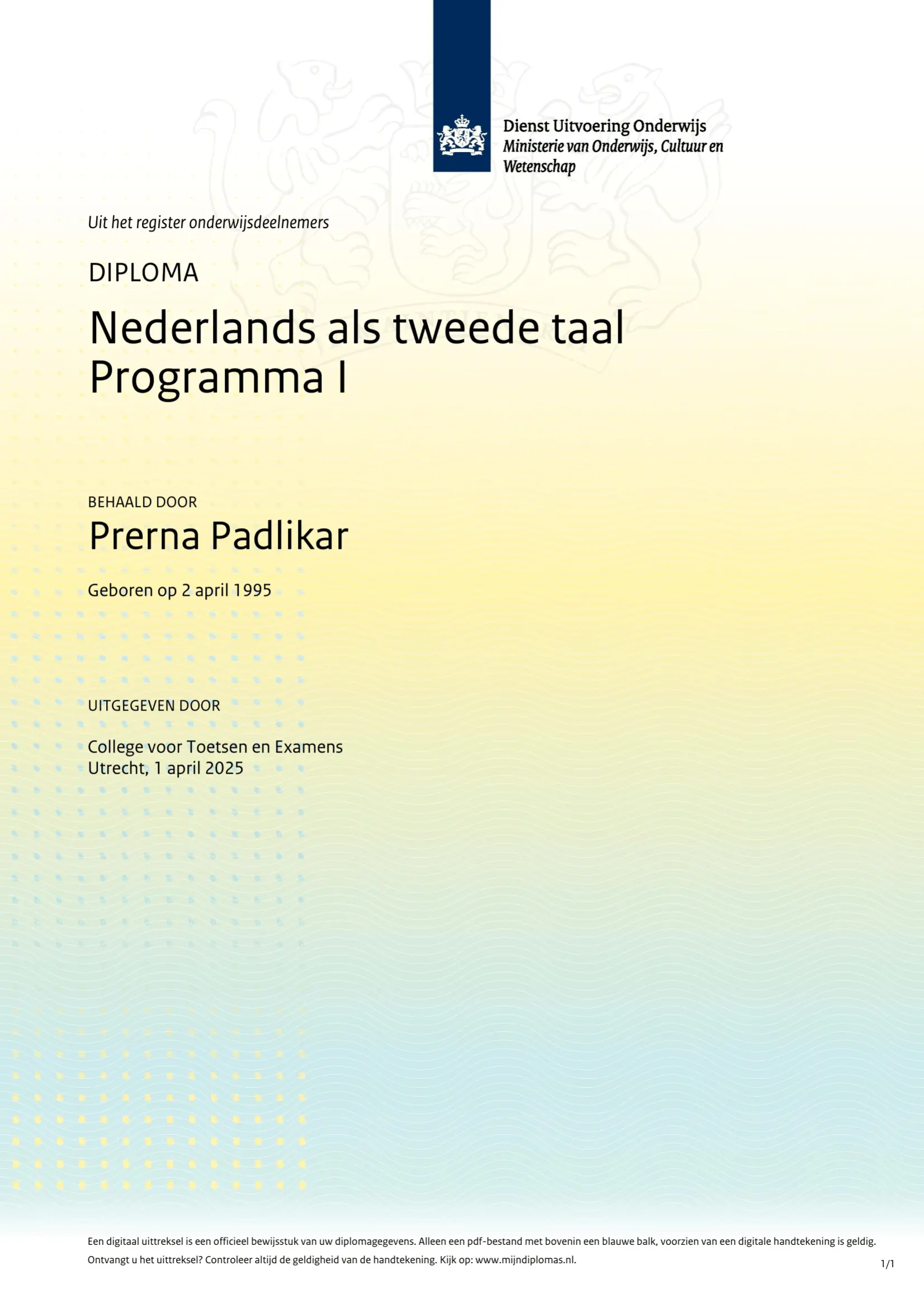 Diploma Nederlands als tweede taal – Programma I